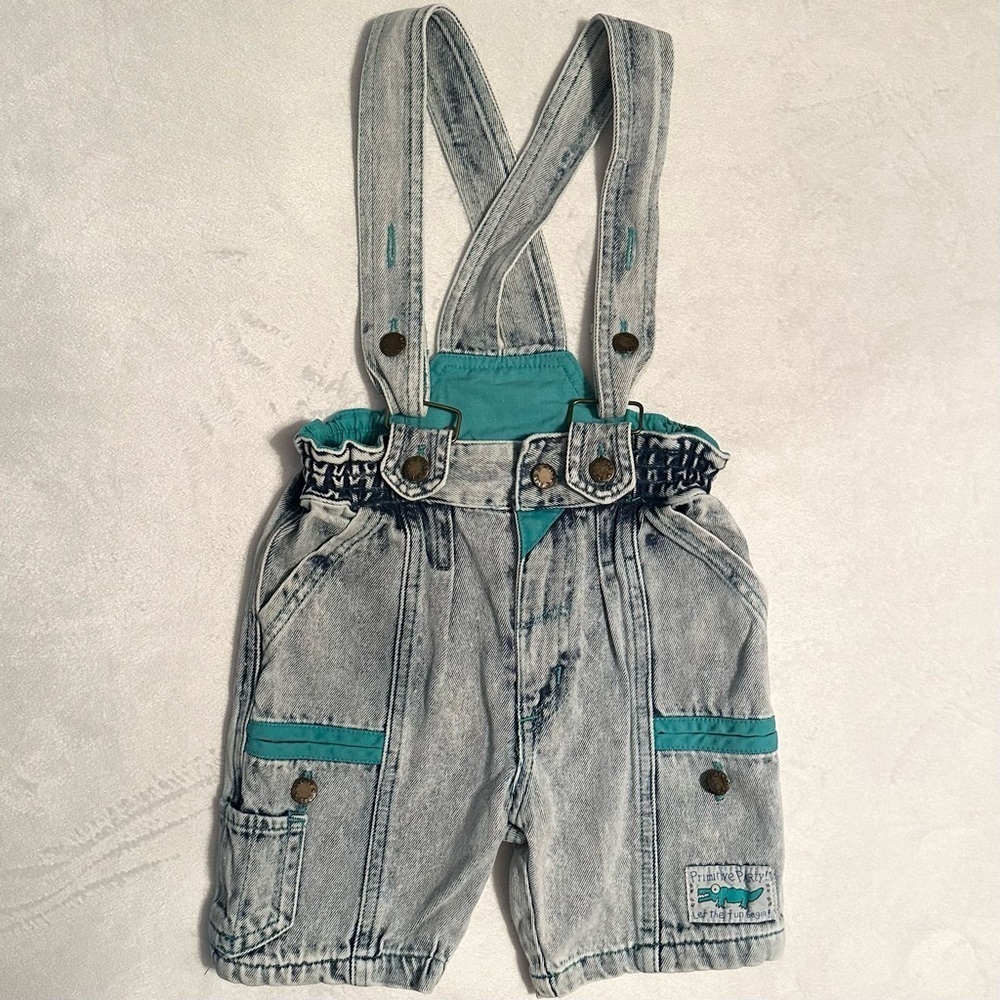 Vintage Star Trends Light Wash Overalls Boy Girl Baby 2T Alligator Graphic Teal